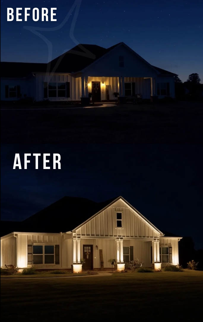 Before and after comparison of home with professional landscape lighting
