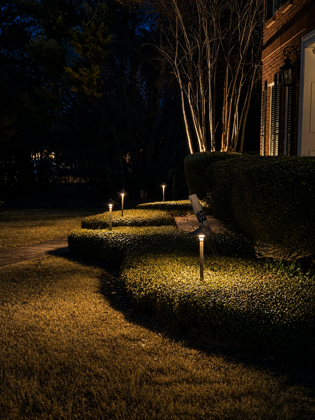 Foundation landscape shrubs with ground-level accent lighting