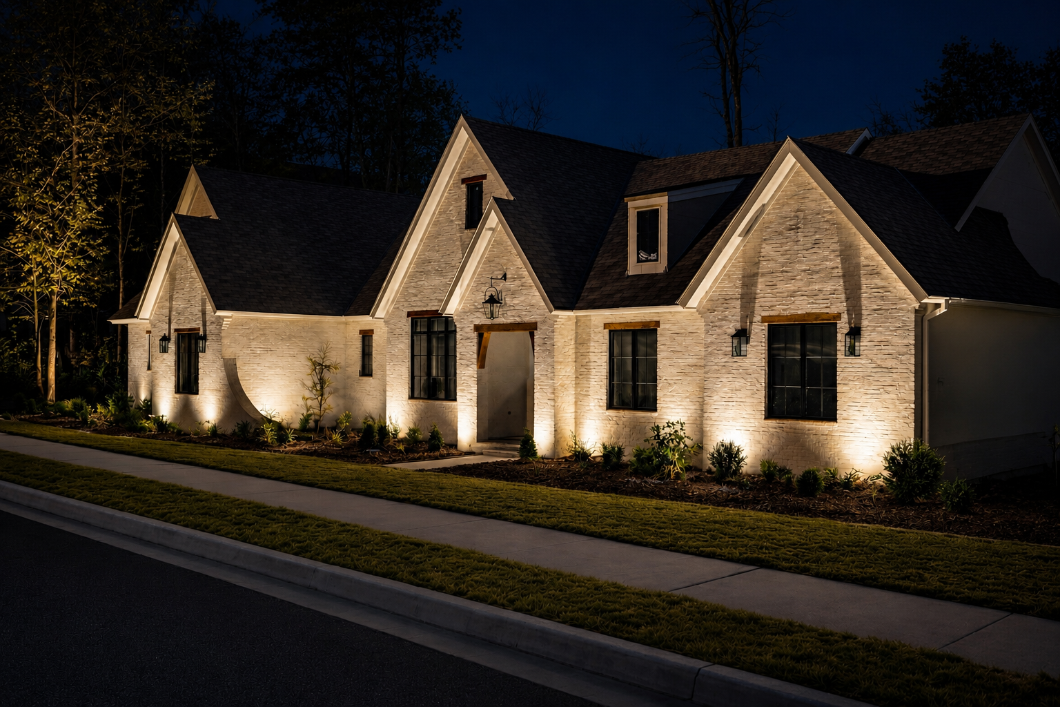 Modern home facade with architectural emphasis lighting