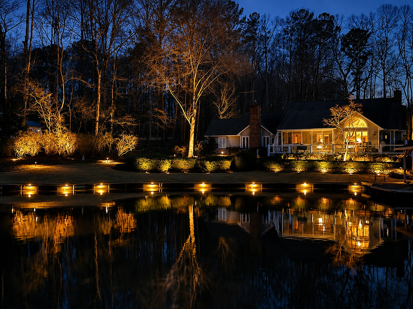 Waterfront estate with reflected landscape and tree uplighting